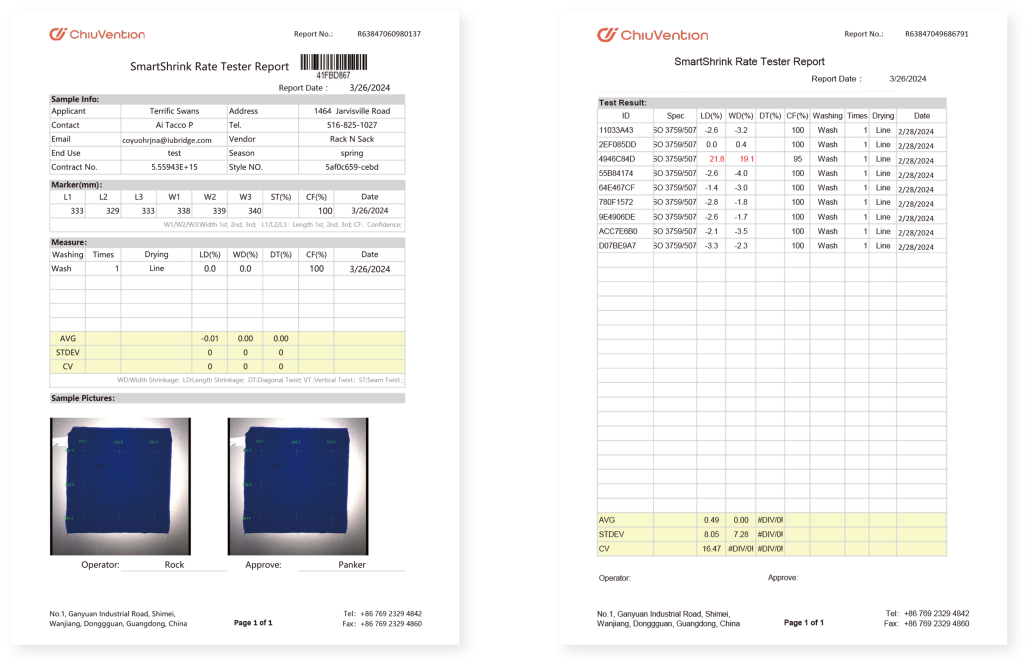 fabric shrinkage rate test report